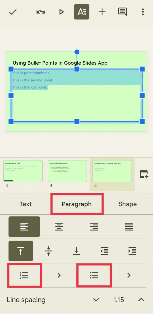 Numbered list option in Google Slides on a mobile device