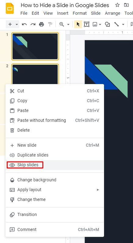 How to hide a slide in Google Slides—right clicking to skip multiple slides in Google Slides