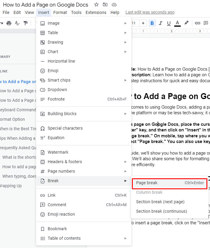 Where to find page break in Google Docs bar