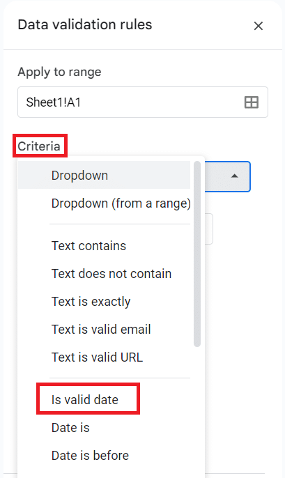 Criteria dropdown menu in Google Sheets