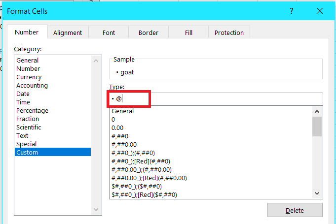 In the "Type" field, enter the following custom format:• @