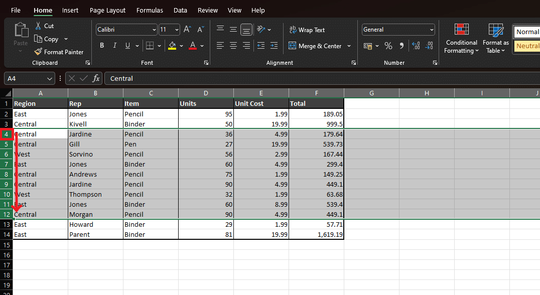 Example spreadsheet with highlighted rows.