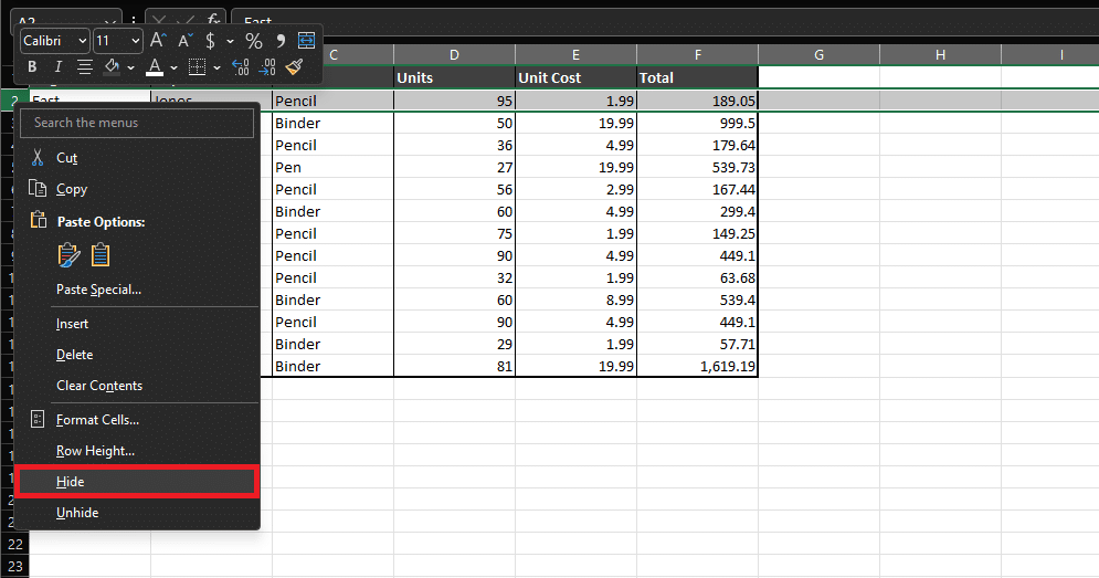 Highlighted options in Excel spreadsheet