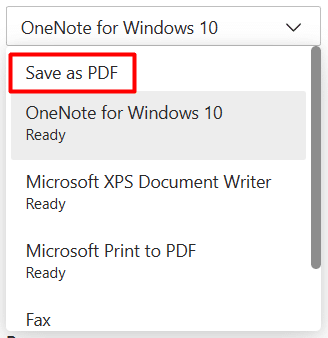 Where to find Save as PDF option in Printer selection drop-down list 