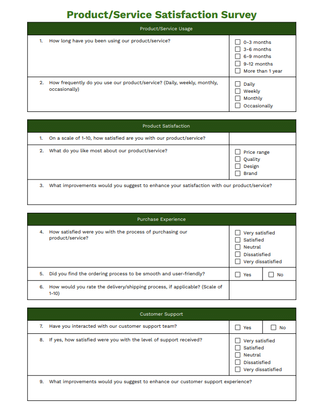 Preview of product satisfaction survey questionnaire