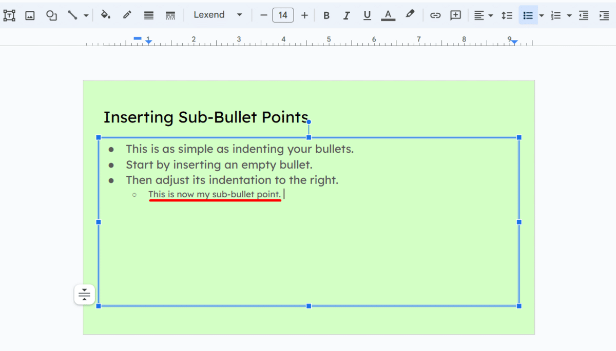 How to add a sub-bullet point in Google Slides