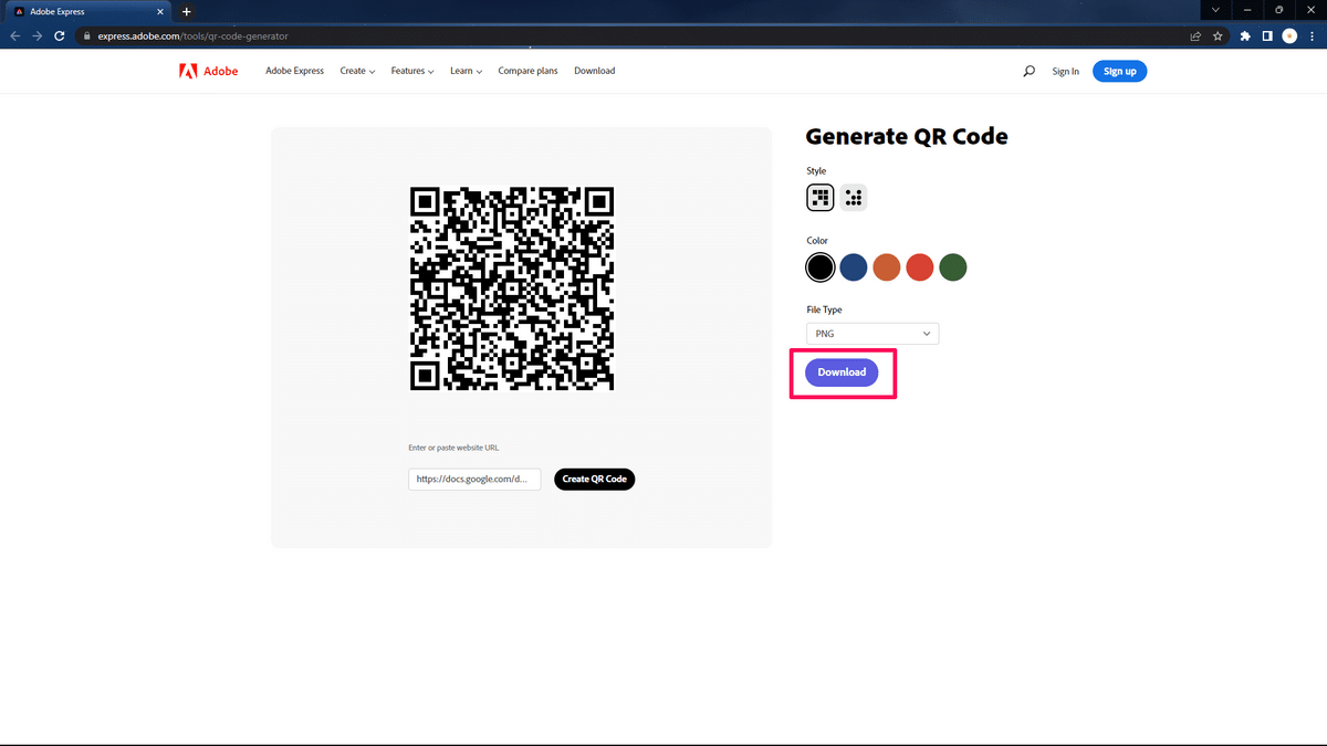 Download button in Adobe Express QR Code Generator