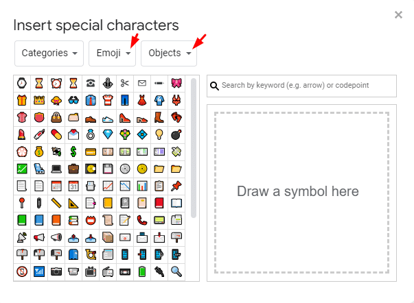 Navigating the Insert Special Characters menu