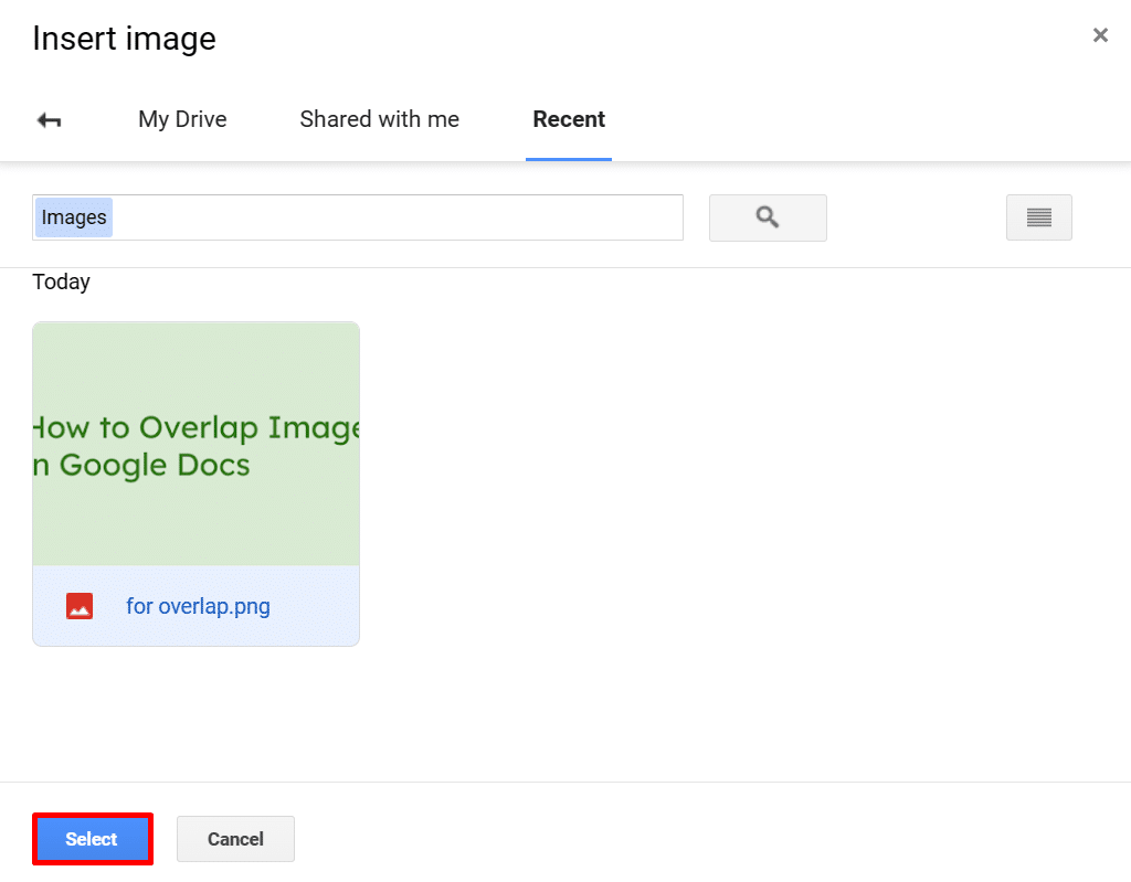 Selecting an image to insert in Google Docs