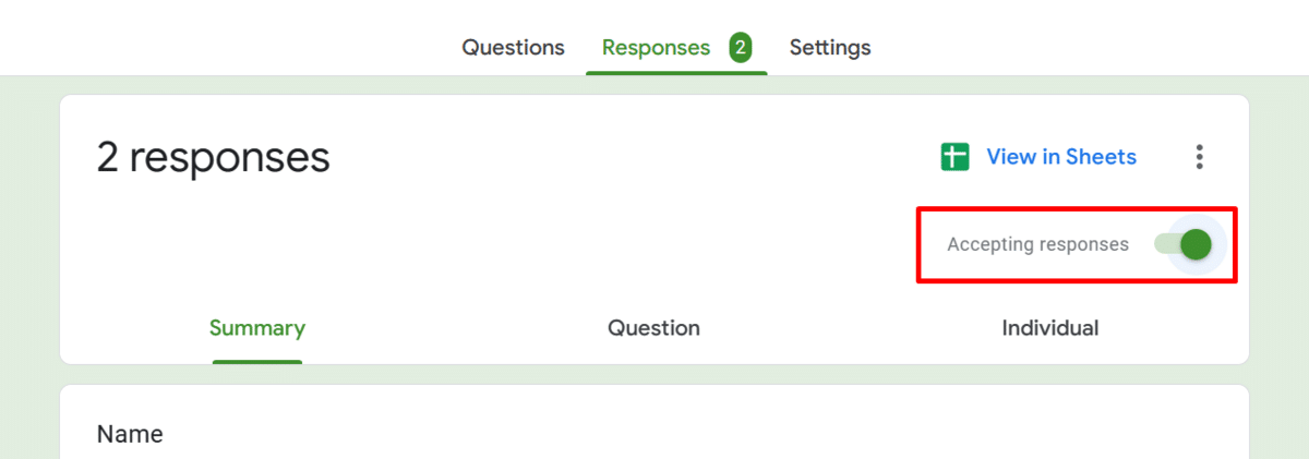 Switch for accepting responses in Google forms