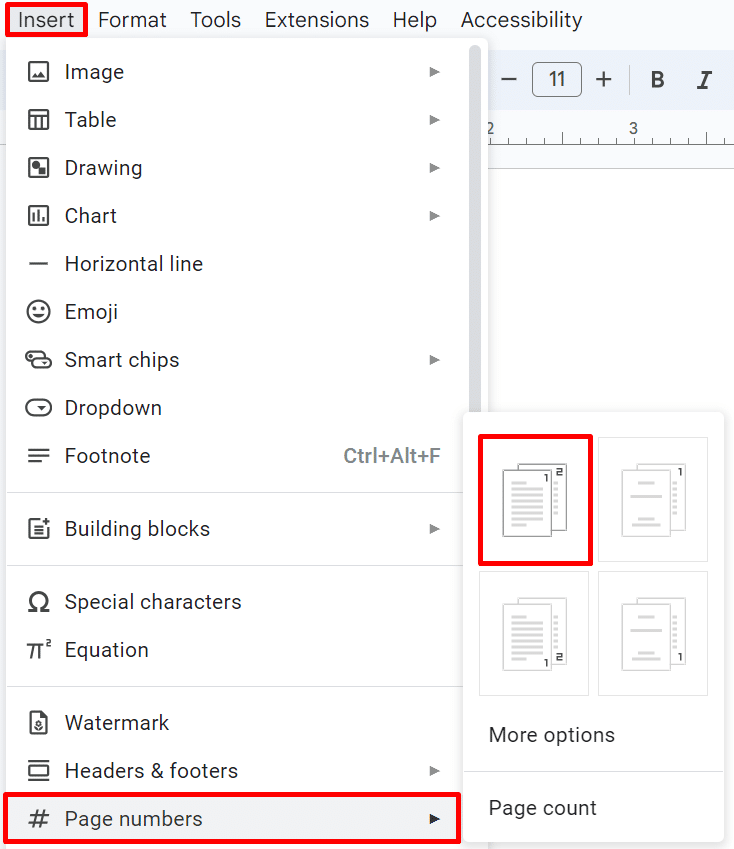 Inserting page numbers in Google Docs