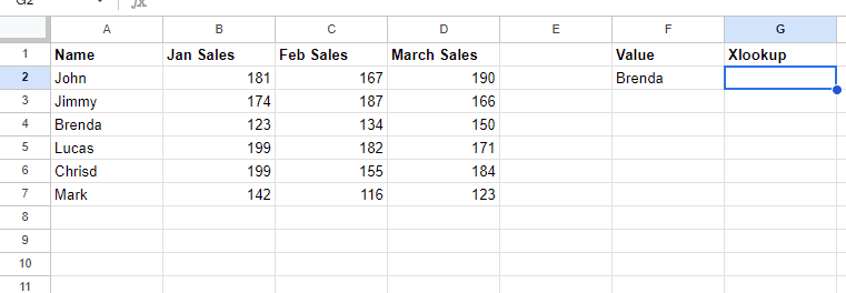 Example spreadsheet for XLOOKUP function in Google Sheets exact match