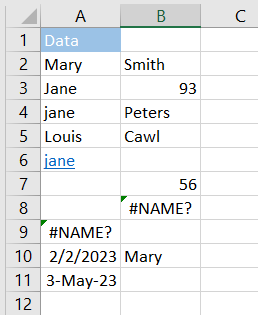 Example spreadsheet with cells that have text and multiple criteria