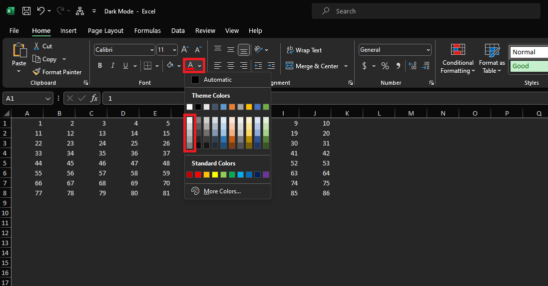 How to change the text color in Excel