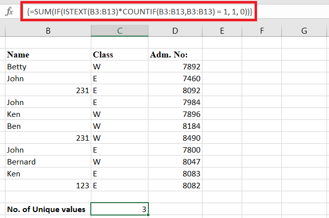 Unique text values in specified Excel range