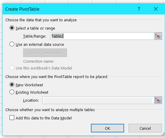 Create Pivot Table dialog box in excel