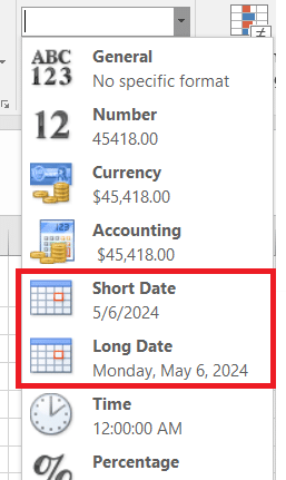 The different date formats available in Excel