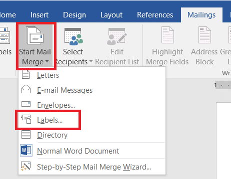 Red markup showing how to print labels on Excel through the mailing menu