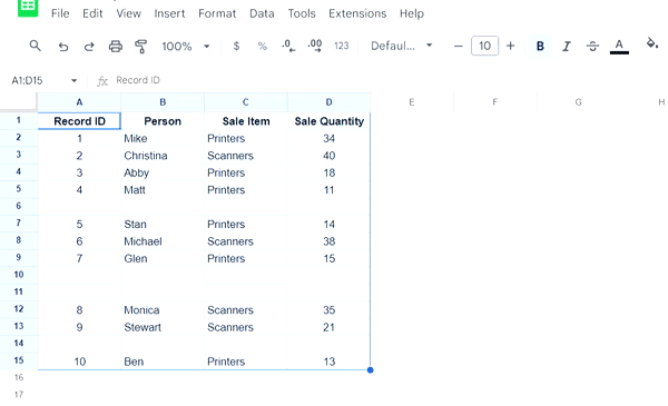 Sort data to remove empty rows