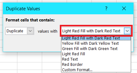 A red markup box showing the duplicate values drop-down menu for highlighting options