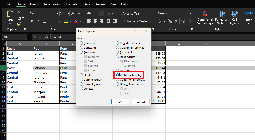 Go to special option in Excel