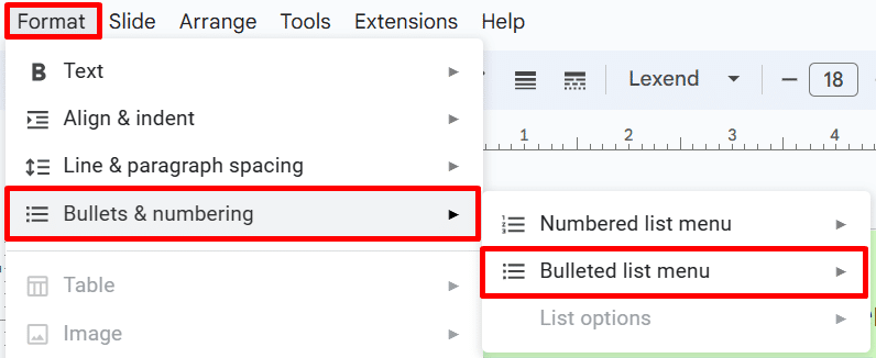 How to access bulleted list menu in Google Slides