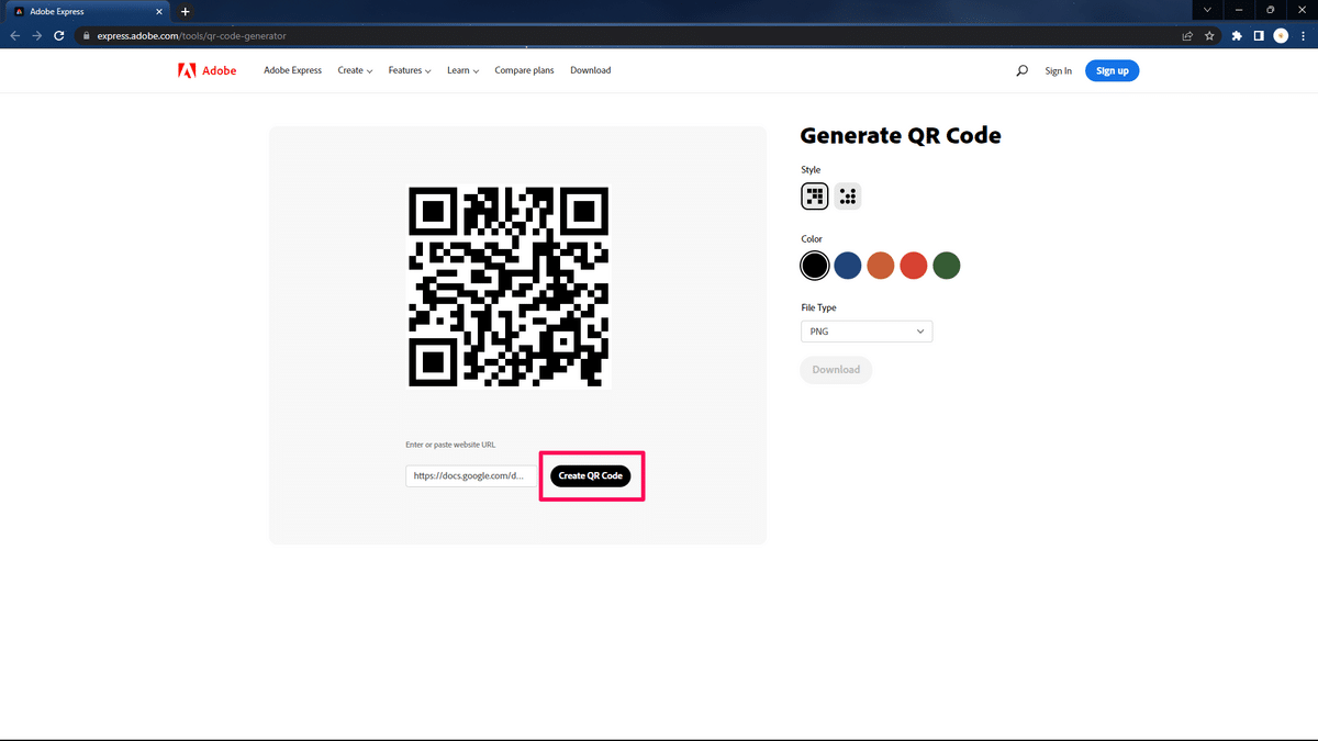 Create QR code button in Adobe Express QR Code Generator