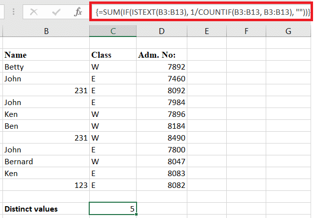 Results for counting distinct text values in Excel