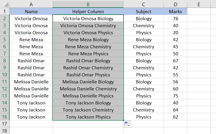 Drag the formula to the rest of the cells.