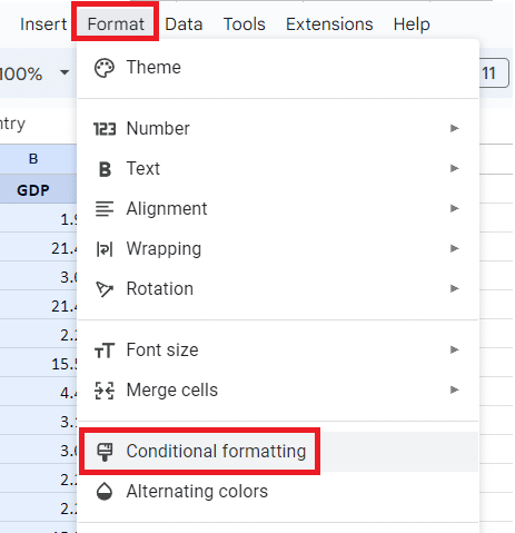 Go to Format, then Conditional formatting