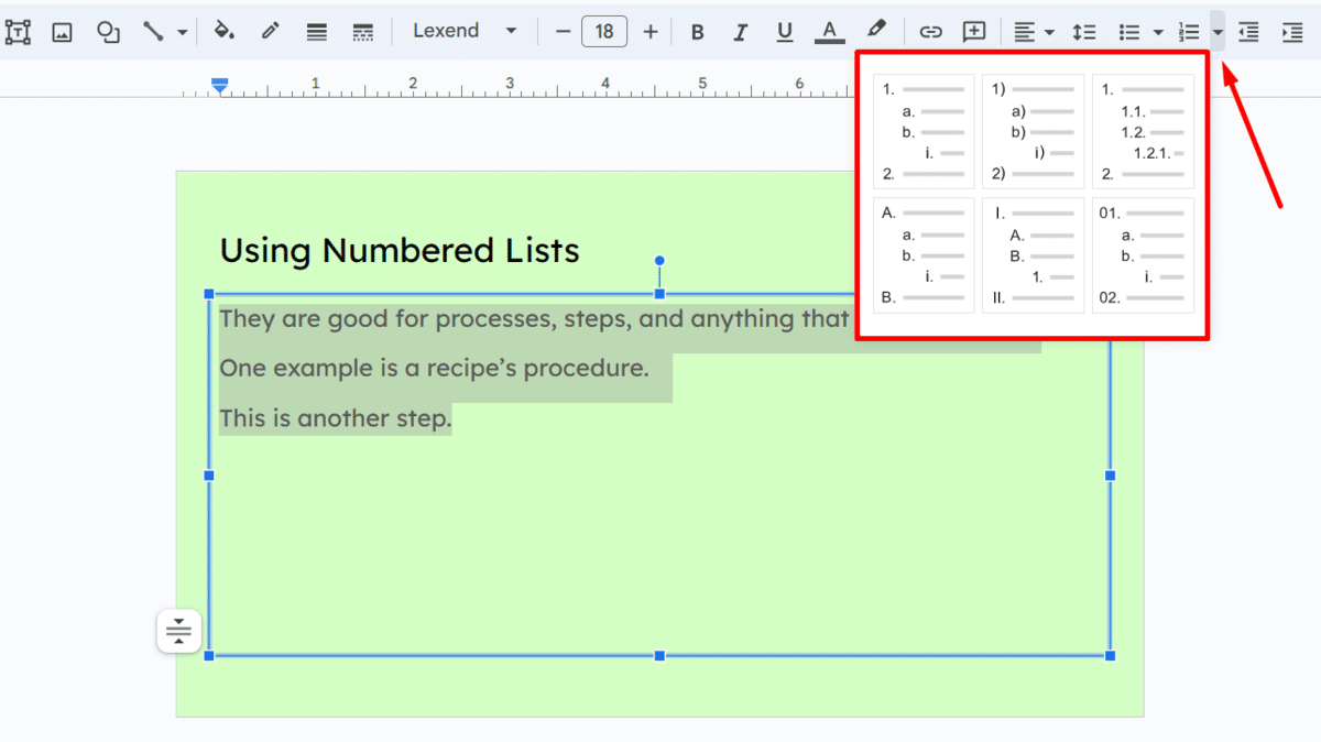 How to choose number list options in Google Slides