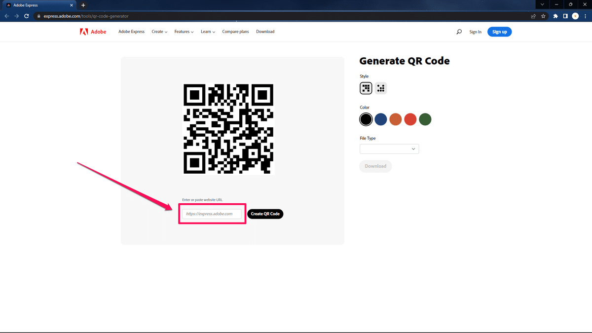 URL field for QR code in Adobe Express QR Code Generator