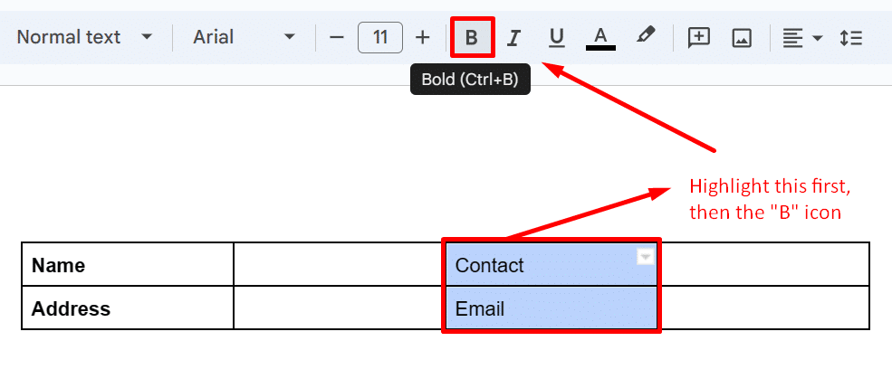 Making form categories in bold letters in Google Docs