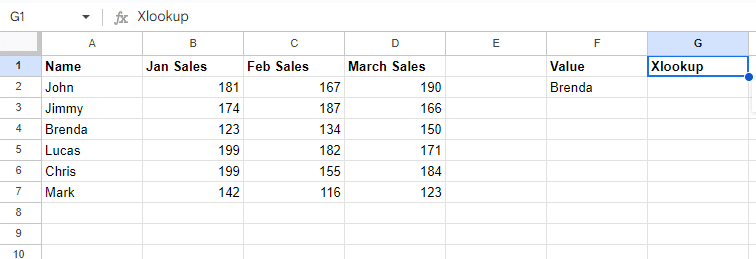 XLOOKUP Google Sheets—Example spreadsheet for XLOOKUP function