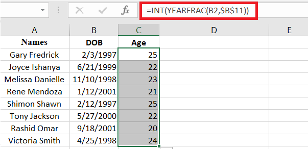 An example of the INT function calculating age