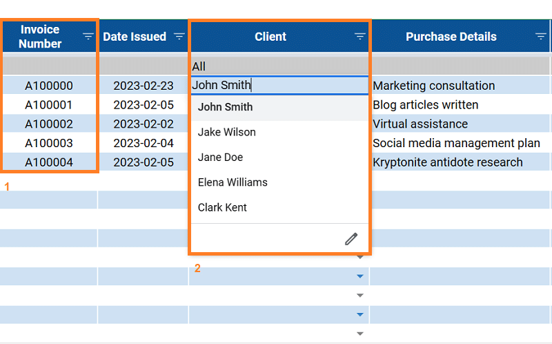 Customer details Google Sheets invoice template