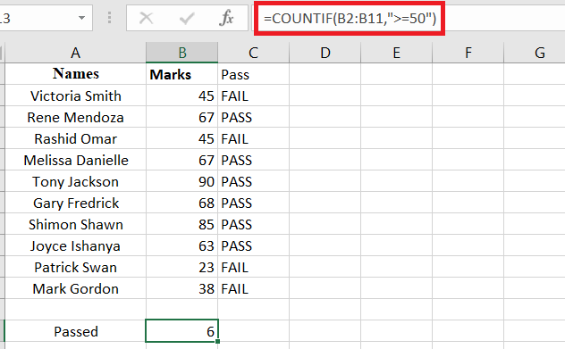 An example result using the COUNTIF function