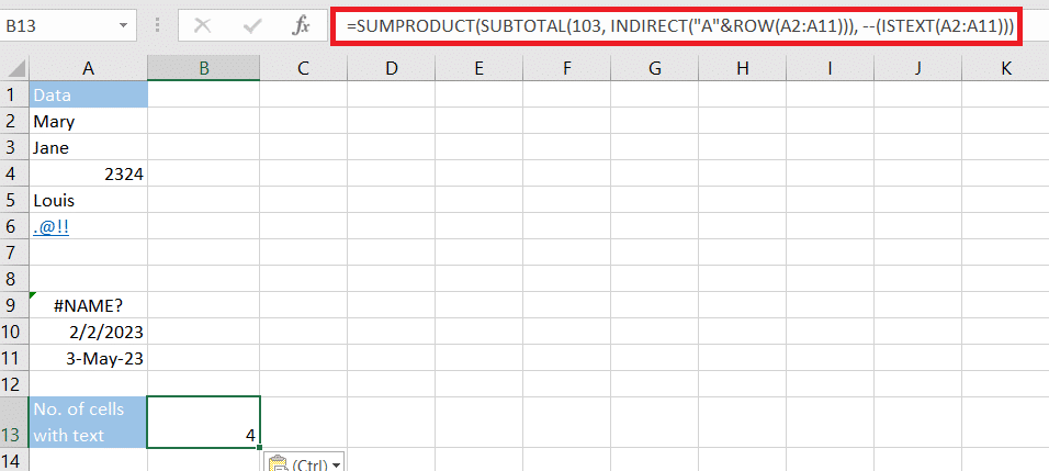 Results of counting cells with text using SUMPRODUCT