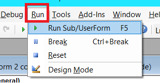 The Run in the menu and click Run Sub/ Userform.