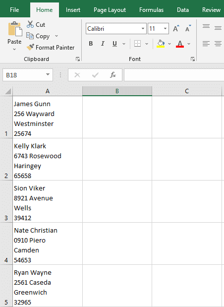 Inputted data in the first column of an Excel spreadhsheet