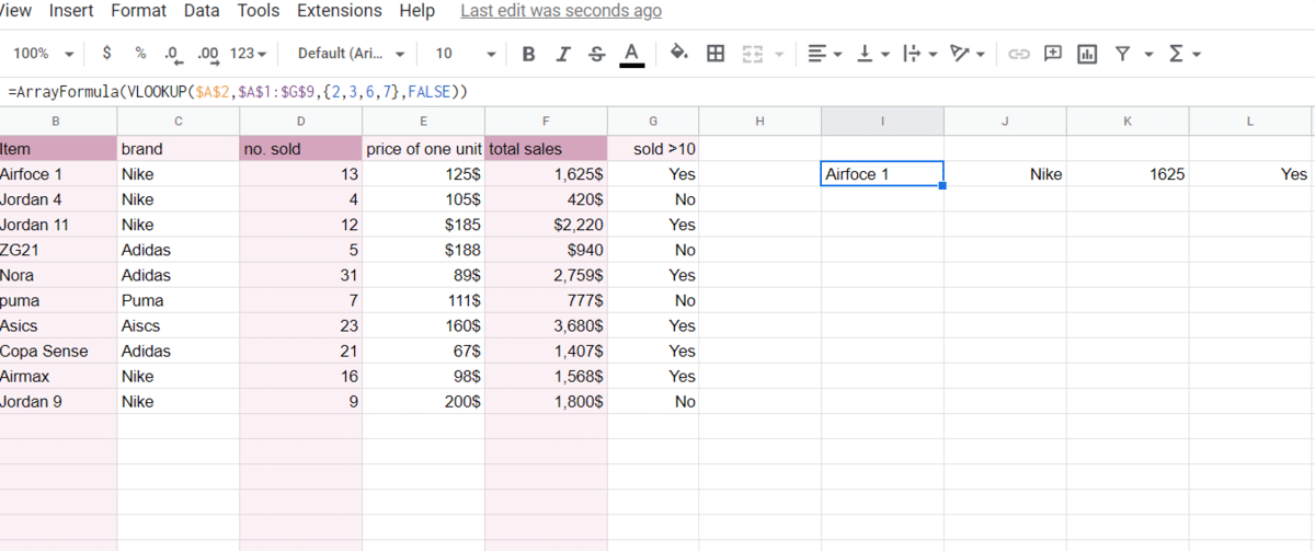 Results from a VLOOKUP ARRAYFORMULA