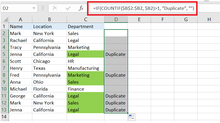 An example using the COUNTIF formula without the 1st instances