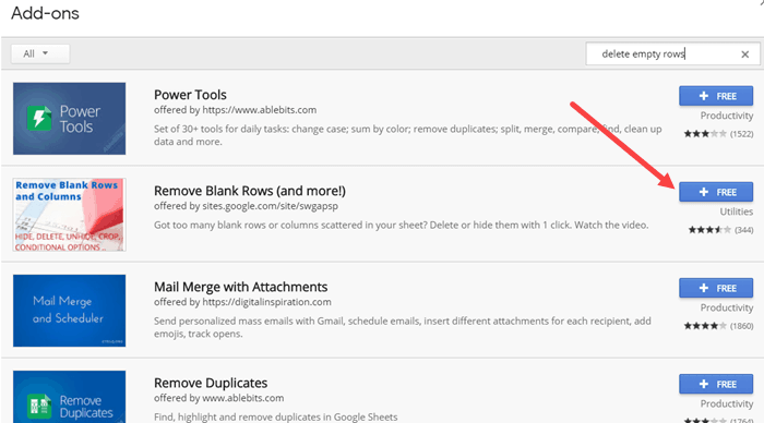 Click on FREE button for Remove blank rows and more add-on