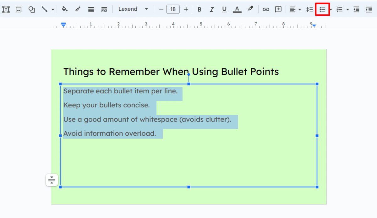 Where the bulleted list option is in Google Slides