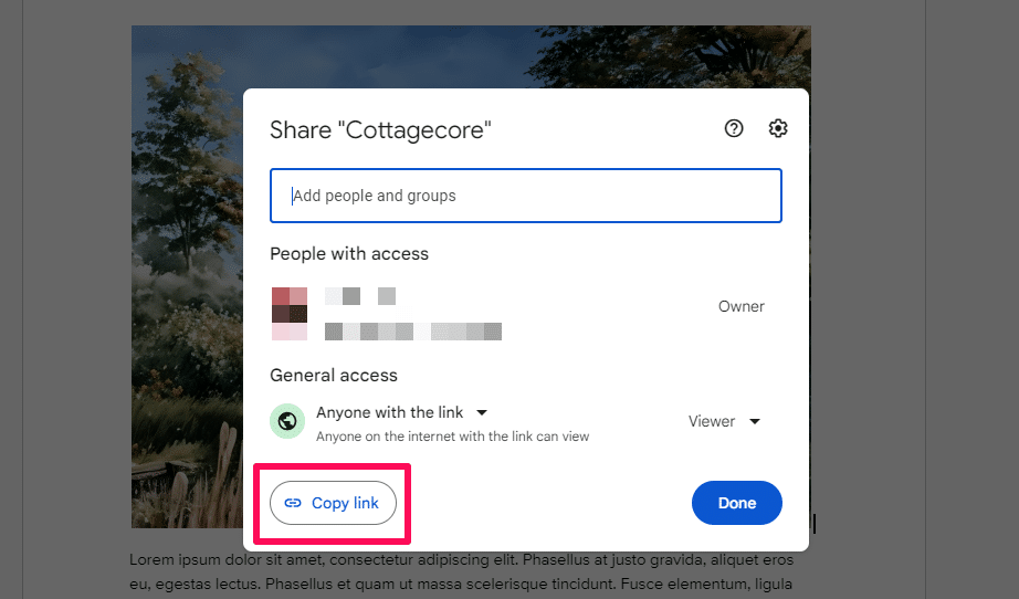 Copy link button in Google Docs share setting