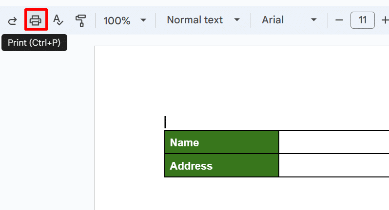 Where to find the printer icon in the Google Docs toolbar