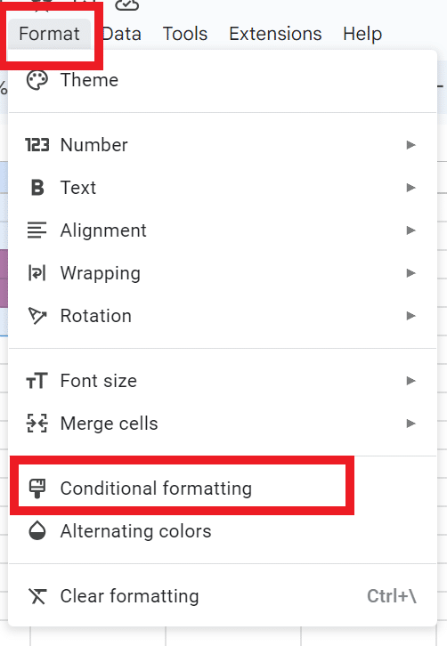 Format—Conditional formatting settings in Google Sheets