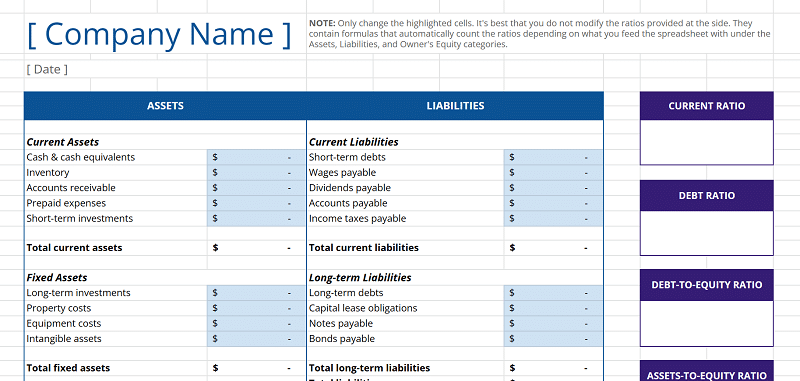 Balance sheet template screenshot