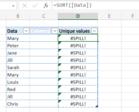 When the spill range is in a table