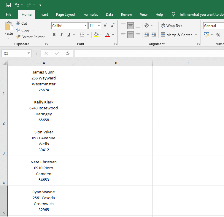 Organized data for labels in Excel